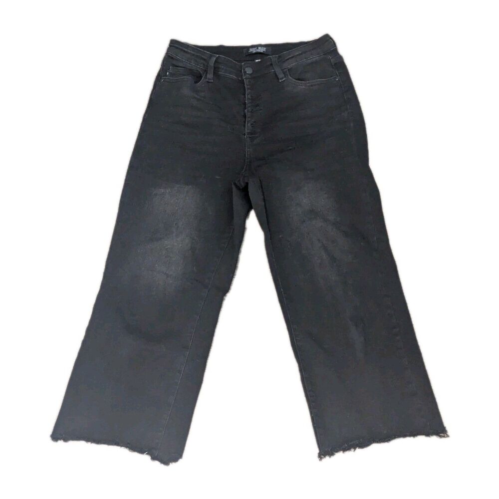 Judy Blue Jeans Women 9 Black Wide Crop Raw Hem Denim High Rise‎ Preppy